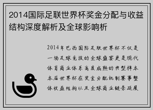 2014国际足联世界杯奖金分配与收益结构深度解析及全球影响析